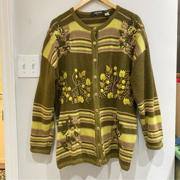 100% Merino Wool Floral Cardigan Sweater - Picture 1 of 7